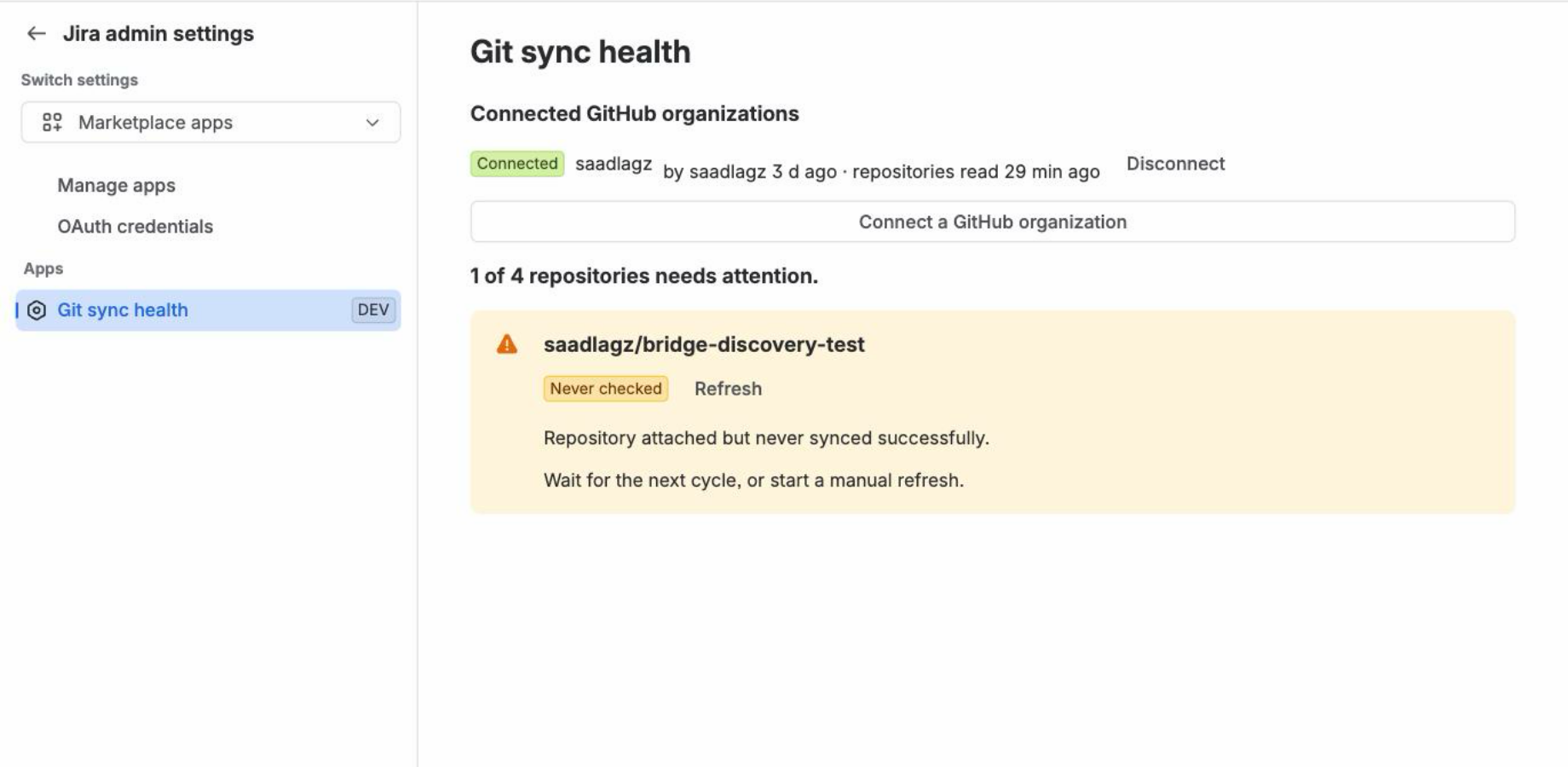 Connecting a GitHub organization from Jira administration; only a GitHub owner of that organization can connect it.