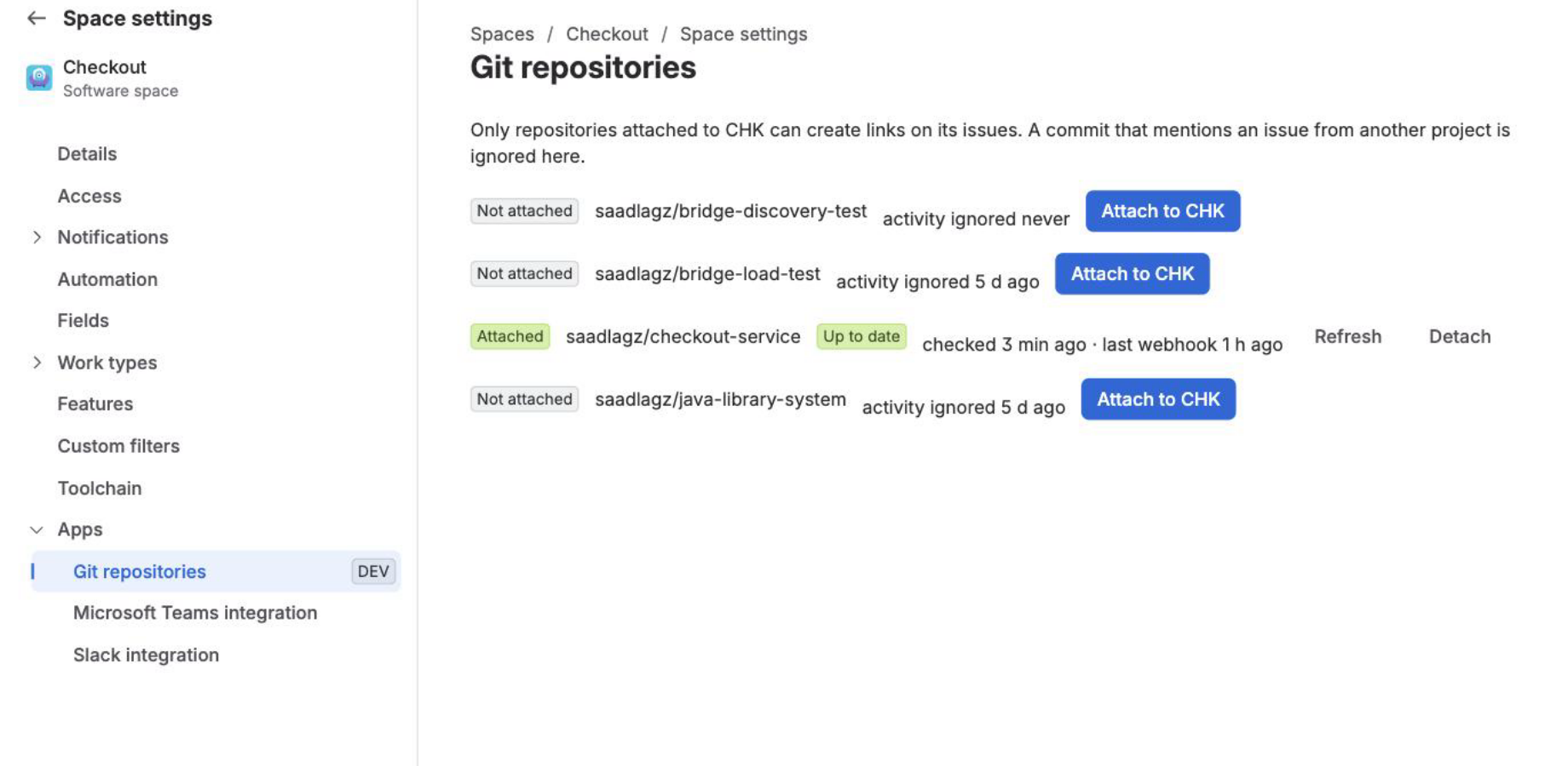 The Git repositories screen, showing each repository with its sync state and the time of its last successful check.