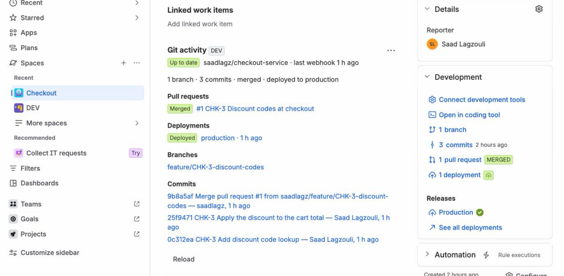 A Jira issue whose Development panel is filled by Linkwright: branches, commits, pull requests and a production deployment.